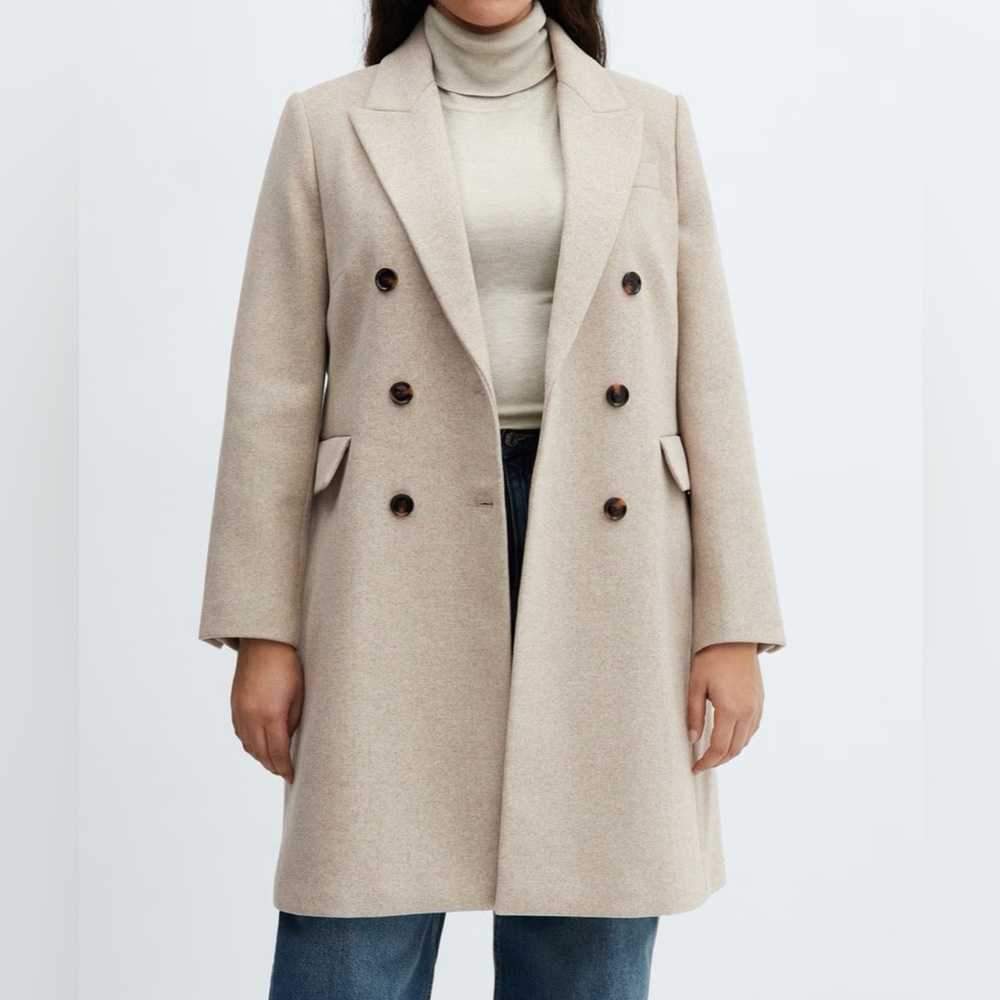 Mango Beige Double-Breasted Wool Coat